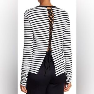 Pam & Gela Striped Lace Up‎ Back Long Sleeve Tee Size M Black and White